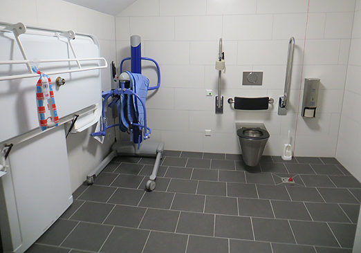 ... und so sieht die neue Toilette fr alle, eine Rollstuhl-Toilette mit hhenverstellbarer Pflegeliege und Lifter aus ...