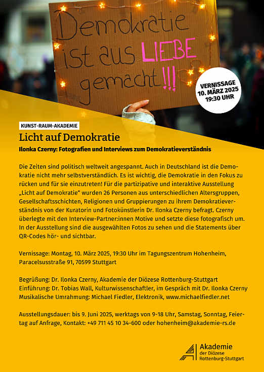 Einladung zur Ausstellung Licht auf Demokratie im Tagungszentrum Hohenheim der Akademie der Dizese Rottenburg-Stuttgart