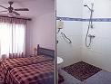2 Fotos: Im Ferienhaus / Schlafzimmer und Dusche